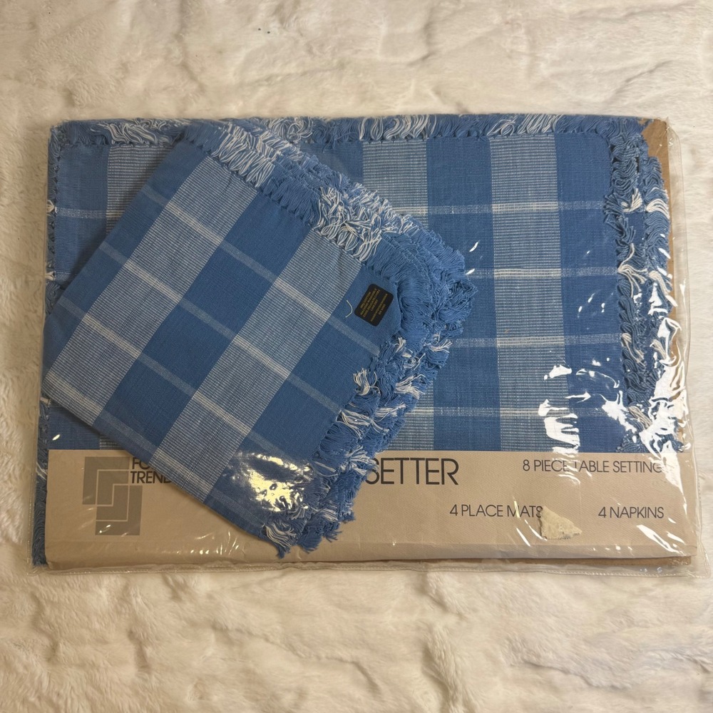 Focus Trends 8pc Table Setting Blue White Plaid 4 Placemats 4 Napkins Cotton NEW